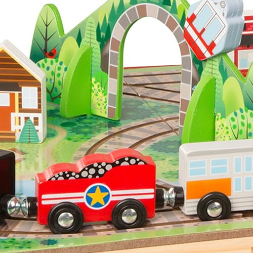 Melissa & Doug 17-Piece Wooden Take-Along Tabletop Railroad, 3 Trains, Truck, Play Pieces, Bridge - FSC Certified - 34