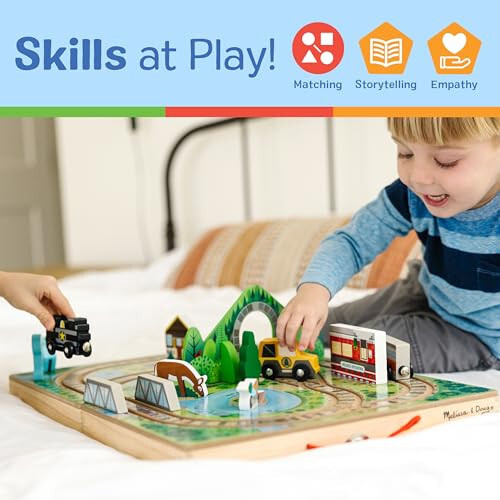 Melissa & Doug 17-Piece Wooden Take-Along Tabletop Railroad, 3 Trains, Truck, Play Pieces, Bridge - FSC Certified - 35