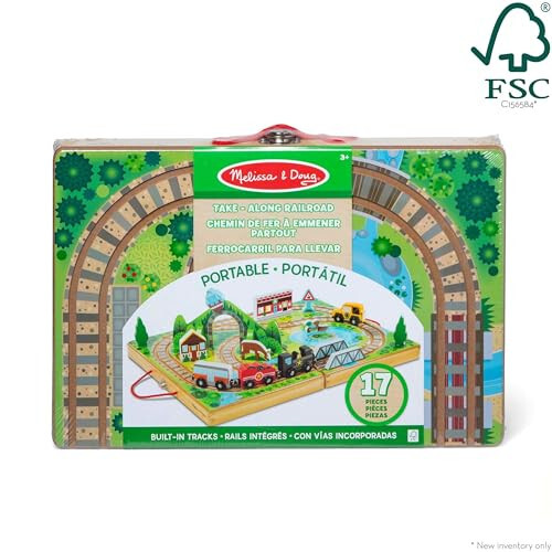 Melissa & Doug 17-Piece Wooden Take-Along Tabletop Railroad, 3 Trains, Truck, Play Pieces, Bridge - FSC Certified - 36