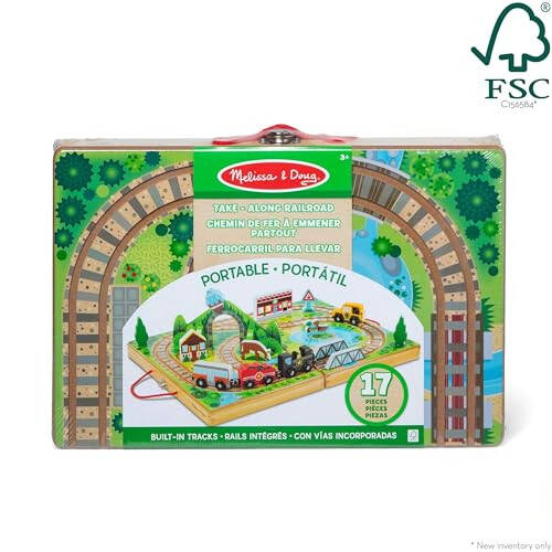 Melissa & Doug 17-Piece Wooden Take-Along Tabletop Railroad, 3 Trains, Truck, Play Pieces, Bridge - FSC Certified - 36