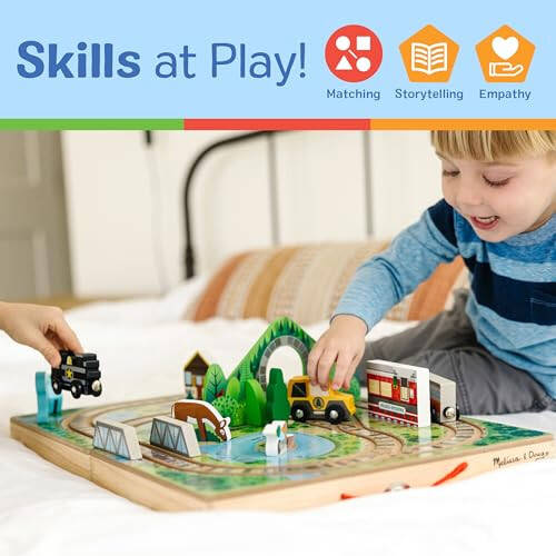 Melissa & Doug 17-Piece Wooden Take-Along Tabletop Railroad, 3 Trains, Truck, Play Pieces, Bridge - FSC Certified - 29