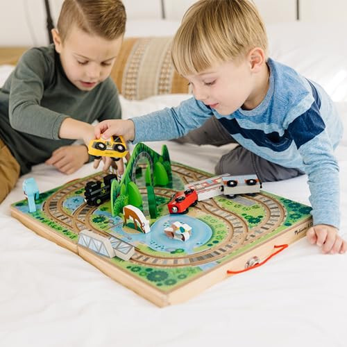 Melissa & Doug 17-Piece Wooden Take-Along Tabletop Railroad, 3 Trains, Truck, Play Pieces, Bridge - FSC Certified - 8