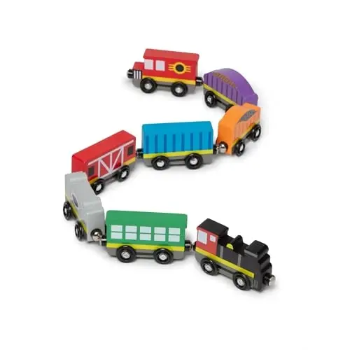 Melissa & Doug Wooden Train Cars, 8-Piece Magnetic Train Set with Toy Storage Tray, Steam Engine, Caboose, Coal & Passenger Cars, Montessori-Inspired Pretend Play Toys for Kids Ages 3+ - 1