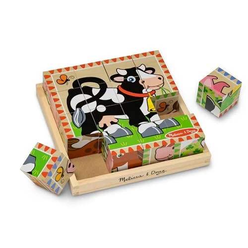 Melissa & Doug Farm Wooden Cube Puzzle with Storage Tray – 6-in-1 Animal Puzzle for Toddlers and Preschoolers – 16 Wooden Cubes – Farm Toy for Kids Ages 3+ - FSC Certified - 25