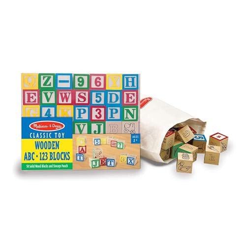 Melissa & Doug Deluxe ABC/123 1 dyuymli bloklar to'plami saqlash sumkasi bilan (50 dona) - Harflar va raqamlar/ABC klassik yog'och bloklar 2 yosh va undan katta bolalar uchun - 37