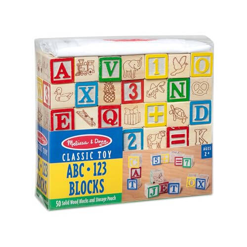 Melissa & Doug Deluxe ABC/123 1 dyuymli bloklar to'plami saqlash sumkasi bilan (50 dona) - Harflar va raqamlar/ABC klassik yog'och bloklar 2 yosh va undan katta bolalar uchun - 3