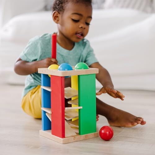 Melissa & Doug Deluxe Bolg'a va Urish Bolg'a, Ta'limchi Go'dak O'yinchoqlari, 2 yosh va undan katta bolalar uchun Yog'och Urish Skameykasiga ega Yog'och Minora O'yinchoqi - 32