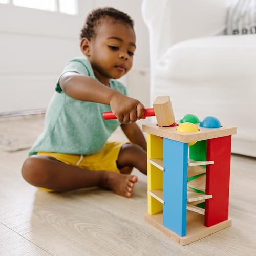 Melissa & Doug Deluxe Bolg'a va Urish Bolg'a, Ta'limchi Go'dak O'yinchoqlari, 2 yosh va undan katta bolalar uchun Yog'och Urish Skameykasiga ega Yog'och Minora O'yinchoqi - 35