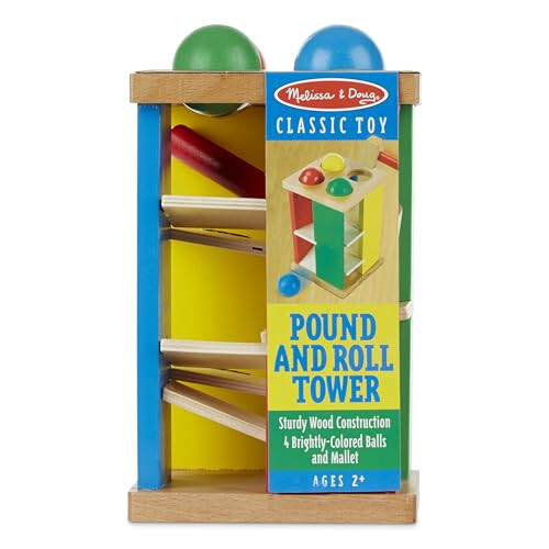 Melissa & Doug Deluxe Bolg'a va Urish Bolg'a, Ta'limchi Go'dak O'yinchoqlari, 2 yosh va undan katta bolalar uchun Yog'och Urish Skameykasiga ega Yog'och Minora O'yinchoqi - 36