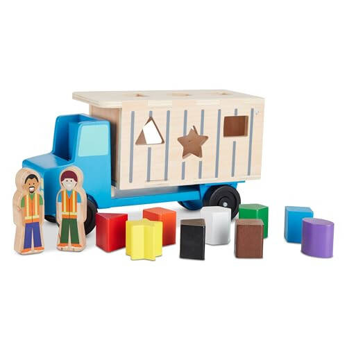 Melissa & Doug Деревянный самосвал для сортировки форм с 9 цветными формами и 2 фигурками для игры, деревянные игрушки для транспортных средств, игрушки для сортировки форм для малышей от 2 лет - 16