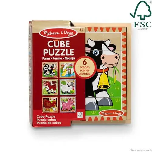 Melissa & Doug Farm Wooden Cube Puzzle With Storage Tray - 6 Puzzles in 1 (16 pcs) - FSC Certified - 30