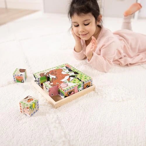 Melissa & Doug Farm Wooden Cube Puzzle With Storage Tray - 6 Puzzles in 1 (16 pcs) - FSC Certified - 11