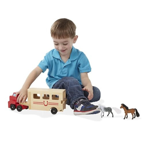 Melissa & Doug Horse Carrier Wooden Vehicle Play Set With 2 Flocked Horses and Pull-Down Ramp - Horse Figures, Wooden Horse Trailer Toy For Kids Ages 3+ - 33