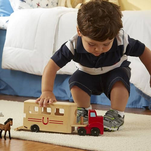 Melissa & Doug Horse Carrier Wooden Vehicle Play Set With 2 Flocked Horses and Pull-Down Ramp - Horse Figures, Wooden Horse Trailer Toy For Kids Ages 3+ - 8