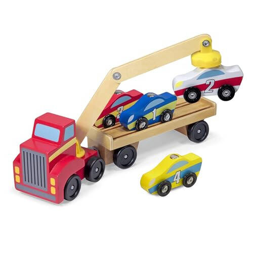 Melissa & Doug Magnetic Car Loader Wooden Toy Set With 4 Cars and 1 Semi-Trailer Truck - 31