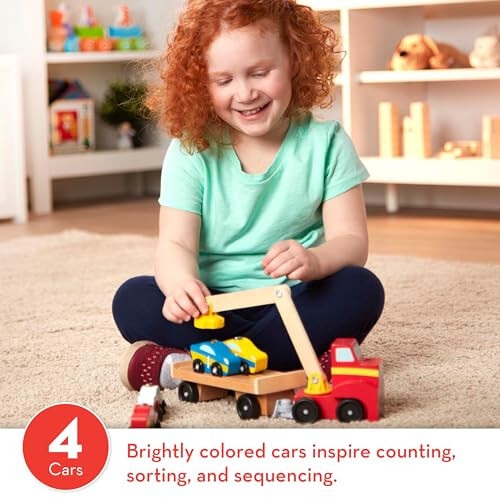 Melissa & Doug Magnetic Car Loader Wooden Toy Set With 4 Cars and 1 Semi-Trailer Truck - 32