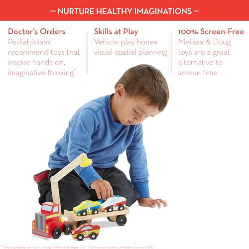 Melissa & Doug Magnetic Car Loader Wooden Toy Set With 4 Cars and 1 Semi-Trailer Truck - 33