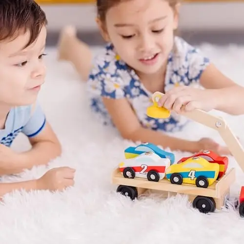 Melissa & Doug Magnetic Car Loader Wooden Toy Set with 4 Cars and 1 Semi-Trailer Truck Crane Wooden Toy, Vehicle Toys for Kids Ages 3+ - 4