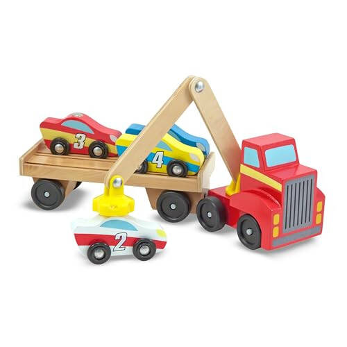 Melissa & Doug Magnetic Car Loader Wooden Toy Set with 4 Cars and 1 Semi-Trailer Truck Crane Wooden Toy, Vehicle Toys for Kids Ages 3+ - 6