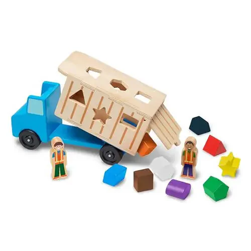 Melissa & Doug Shape-Sorting Wooden Dump Truck Toy with 9 Colorful Shapes and 2 Play Figures Wooden Vehicle Toys, Shape Sorter Toys for Toddlers Ages 2+ - 1