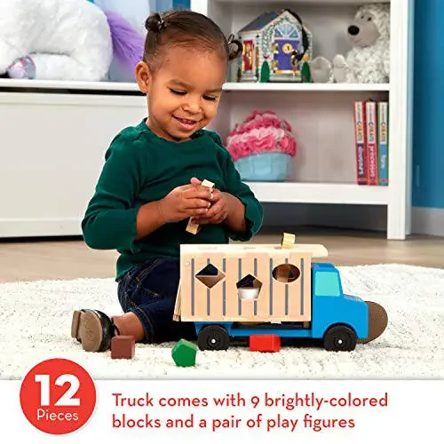 Melissa & Doug Shape-Sorting Wooden Dump Truck Toy with 9 Colorful Shapes and 2 Play Figures Wooden Vehicle Toys, Shape Sorter Toys for Toddlers Ages 2+ - 2