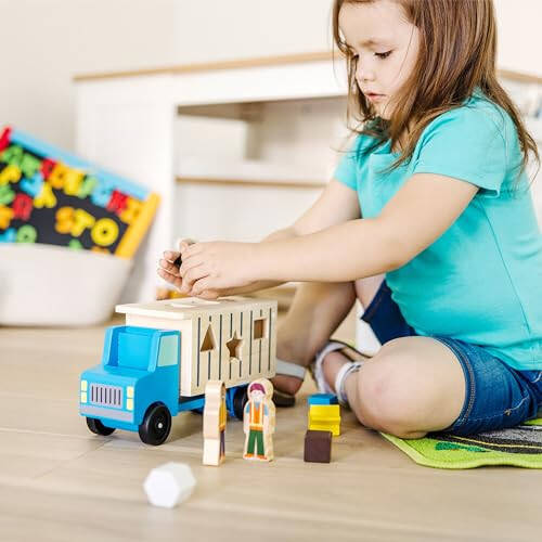 Melissa & Doug Shape-Sorting Wooden Dump Truck Toy with 9 Colorful Shapes and 2 Play Figures Wooden Vehicle Toys, Shape Sorter Toys for Toddlers Ages 2+ - 6