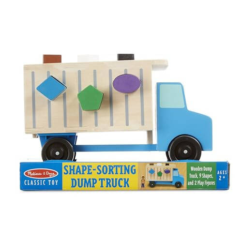 Melissa & Doug Shape-Sorting Wooden Dump Truck Toy With 9 Colorful Shapes and 2 Play Figures Wooden Vehicle Toys, Shape Sorter Toys For Toddlers Ages 2+ - 3