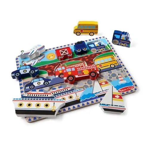 Melissa & Doug Transport vositalari yog'ochdan yasalgan jumboq (9 dona), 2+ yoshdagi bolalar, maktabgacha yoshdagi bolalar va bolalar uchun ta'limiy ekransiz mashg'ulot - FSC sertifikatlangan - 1