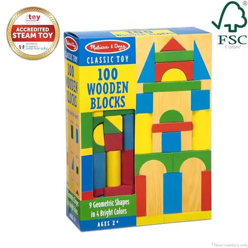 Melissa & Doug Wooden Building Blocks Set - 100 Blocks in 4 Colors and 9 Shapes - FSC Certified - 25