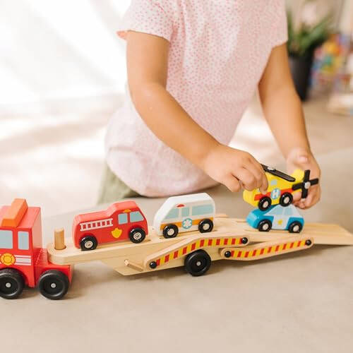 Melissa & Doug Wooden Emergency Vehicle Carrier Truck With 1 Truck and 4 Rescue Vehicles - 32