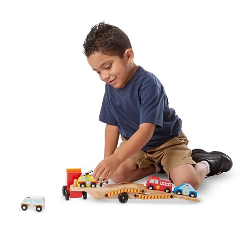 Melissa & Doug Wooden Emergency Vehicle Carrier Truck With 1 Truck and 4 Rescue Vehicles - 33