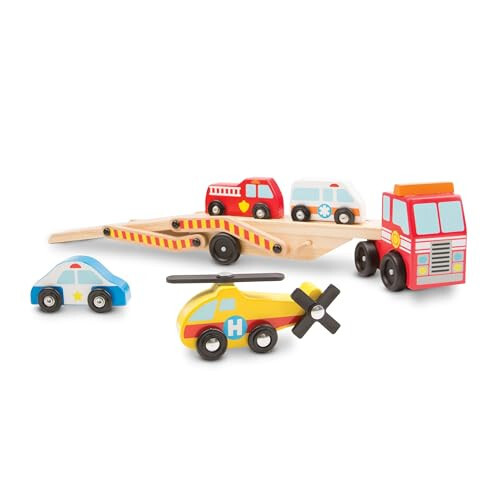 Melissa & Doug Wooden Emergency Vehicle Carrier Truck With 1 Truck and 4 Rescue Vehicles - 34