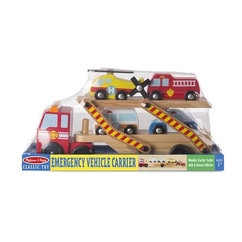 Melissa & Doug Wooden Emergency Vehicle Carrier Truck With 1 Truck and 4 Rescue Vehicles - 36