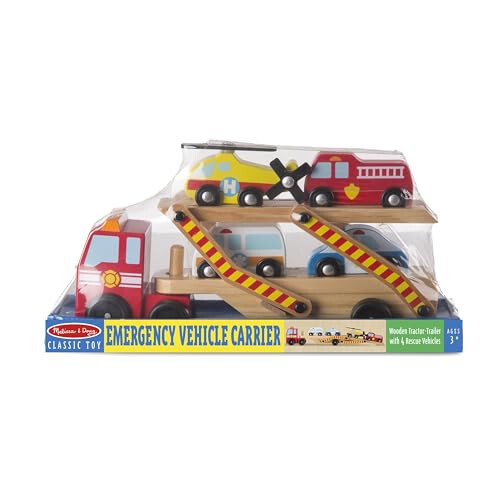 Melissa & Doug Wooden Emergency Vehicle Carrier Truck With 1 Truck and 4 Rescue Vehicles - 12