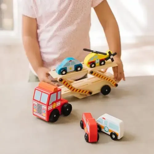 Melissa & Doug Wooden Emergency Vehicle Carrier Truck With 1 Truck and 4 Rescue Vehicles - 5
