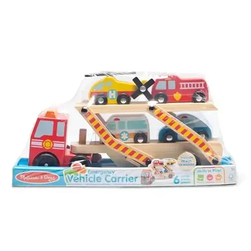 Melissa & Doug Wooden Emergency Vehicle Carrier Truck With 1 Truck and 4 Rescue Vehicles - 6