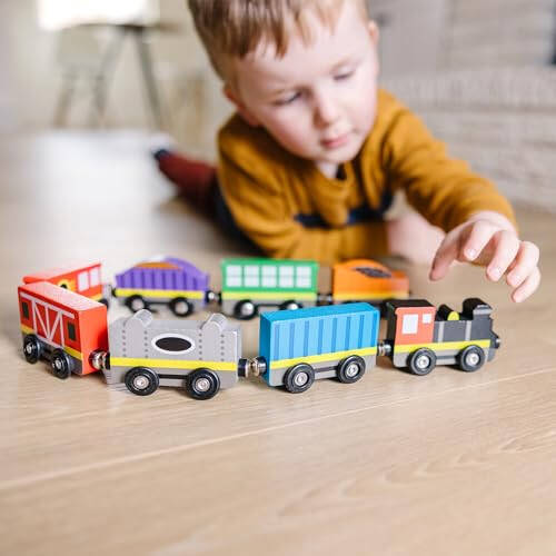 Melissa & Doug Wooden Magnetic Train Cars - 8 Piece Educational and Skill-Building Wooden Toy for Boys and Girls - 8