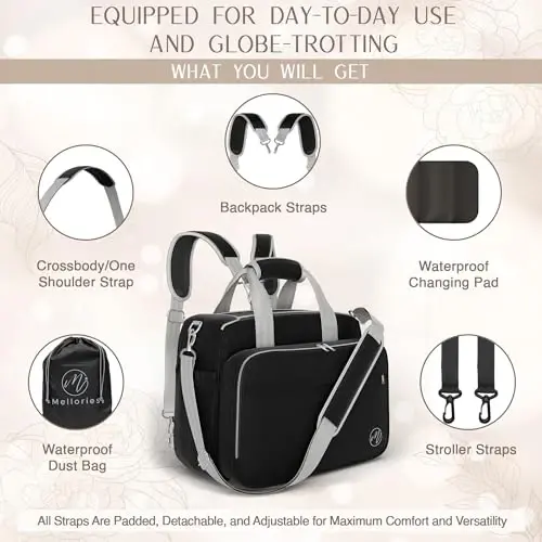 Mellories 4 in 1 Convertible Diaper Bag Tote For Baby Boys and Girls - Converts Into Diaper Backpack, Baby Tote, Stroller Bag and Crossbody Diaper Bag - Black Baby Travel Bag - Gift for Mom - 6