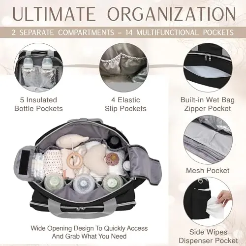 Mellories 4 в 1 Сумка-тоут для подгузников-трансформер для мальчиков и девочек - Превращается в рюкзак для подгузников, сумку-тоут для ребенка, сумку для коляски и сумку для подгузников через плечо - Черная дорожная сумка для ребенка - Подарок для мамы - 4