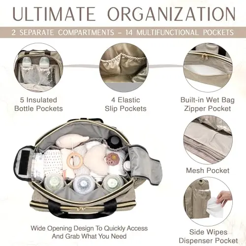 Mellories 4 in 1 Convertible Diaper Bag for Baby Boys and Girls - Converts into Backpack, Tote, Stroller and Crossbody Bag - Beige Baby Travel Bag - Gift for Mom - 4