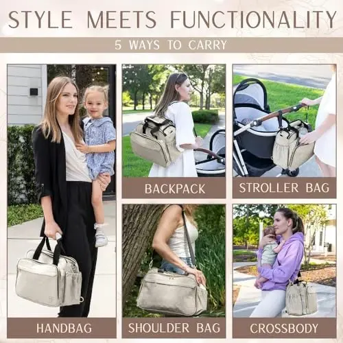 Mellories 4 in 1 Convertible Diaper Bag for Baby Boys and Girls - Converts into Backpack, Tote, Stroller and Crossbody Bag - Beige Baby Travel Bag - Gift for Mom - 3