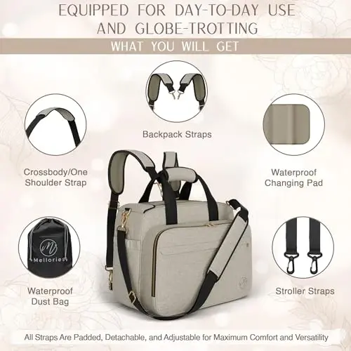 Mellories 4 in 1 Convertible Diaper Bag for Baby Boys and Girls - Converts into Backpack, Tote, Stroller and Crossbody Bag - Beige Baby Travel Bag - Gift for Mom - 5