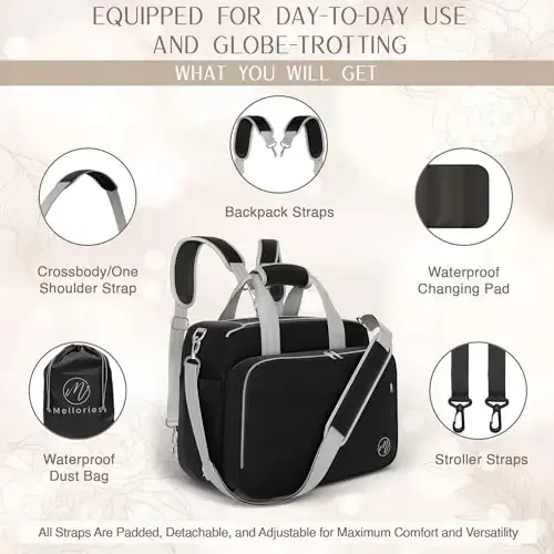 Mellories 4 in 1 Convertible Diaper Bag Tote For Baby Boys and Girls - Converts Into Diaper Backpack, Baby Tote, Stroller Bag and Crossbody Diaper Bag - Black Baby Travel Bag - Gift for Mom - 6