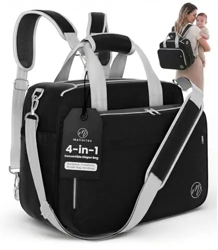 Mellories 4 in 1 Convertible Diaper Bag Tote For Baby Boys and Girls - Converts Into Diaper Backpack, Baby Tote, Stroller Bag and Crossbody Diaper Bag - Black Baby Travel Bag - Gift for Mom - 1