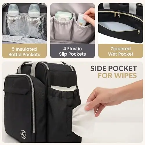 Mellories 4 in 1 Convertible Diaper Bag Tote For Baby Boys and Girls - Converts Into Diaper Backpack, Baby Tote, Stroller Bag and Crossbody Diaper Bag - Black Baby Travel Bag - Gift for Mom - 4
