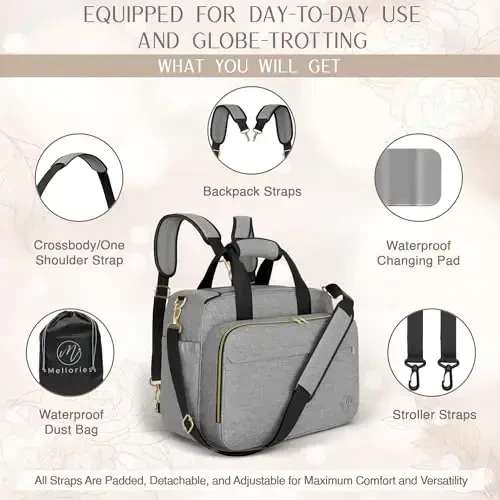 Mellories 4 in 1 Convertible Baby Diaper Bag – Converts from Tote to Backpack, Stroller & Crossbody Diaper Bag – Gray Baby Travel Bag – Gift for Moms - 6