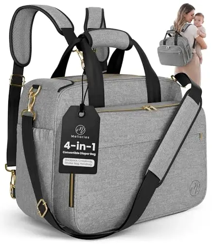 Mellories 4 in 1 Convertible Baby Diaper Bag – Converts from Tote to Backpack, Stroller & Crossbody Diaper Bag – Gray Baby Travel Bag – Gift for Moms - 1