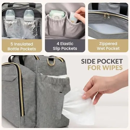 Mellories 4 in 1 Convertible Baby Diaper Bag – Converts from Tote to Backpack, Stroller & Crossbody Diaper Bag – Gray Baby Travel Bag – Gift for Moms - 4