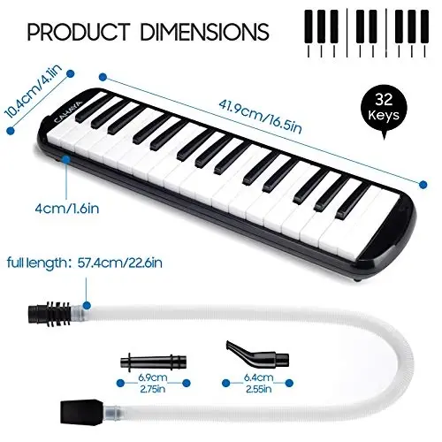 Melodica CAHAYA с 32 клавишами, двойным мундштуком, аэропианино, клавиатурный музыкальный инструмент с сумкой для переноски, 32 клавиши, черный, CY0050-1 - 3