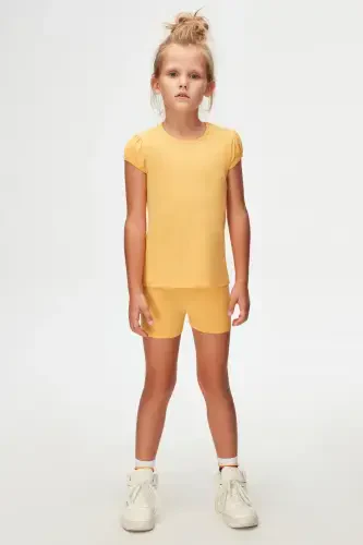 Melon Yellow Basic Girl Kids Zero Collar Watermelon Sleeve T-Shirt-AMBER - 1